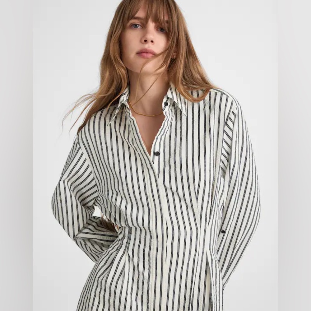 Madewell women’s Tucked Mini Shirtdress seersucker  Grey Stripe Size 12 NWT - Picture 3 of 10